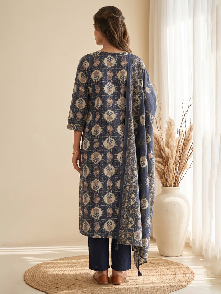 Blue Printed Kurta With Pant &amp; Dupatta