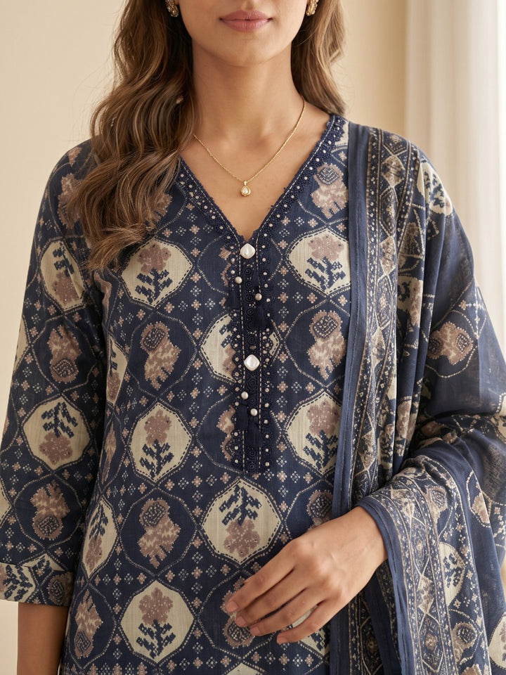 Blue Printed Kurta With Pant &amp; Dupatta