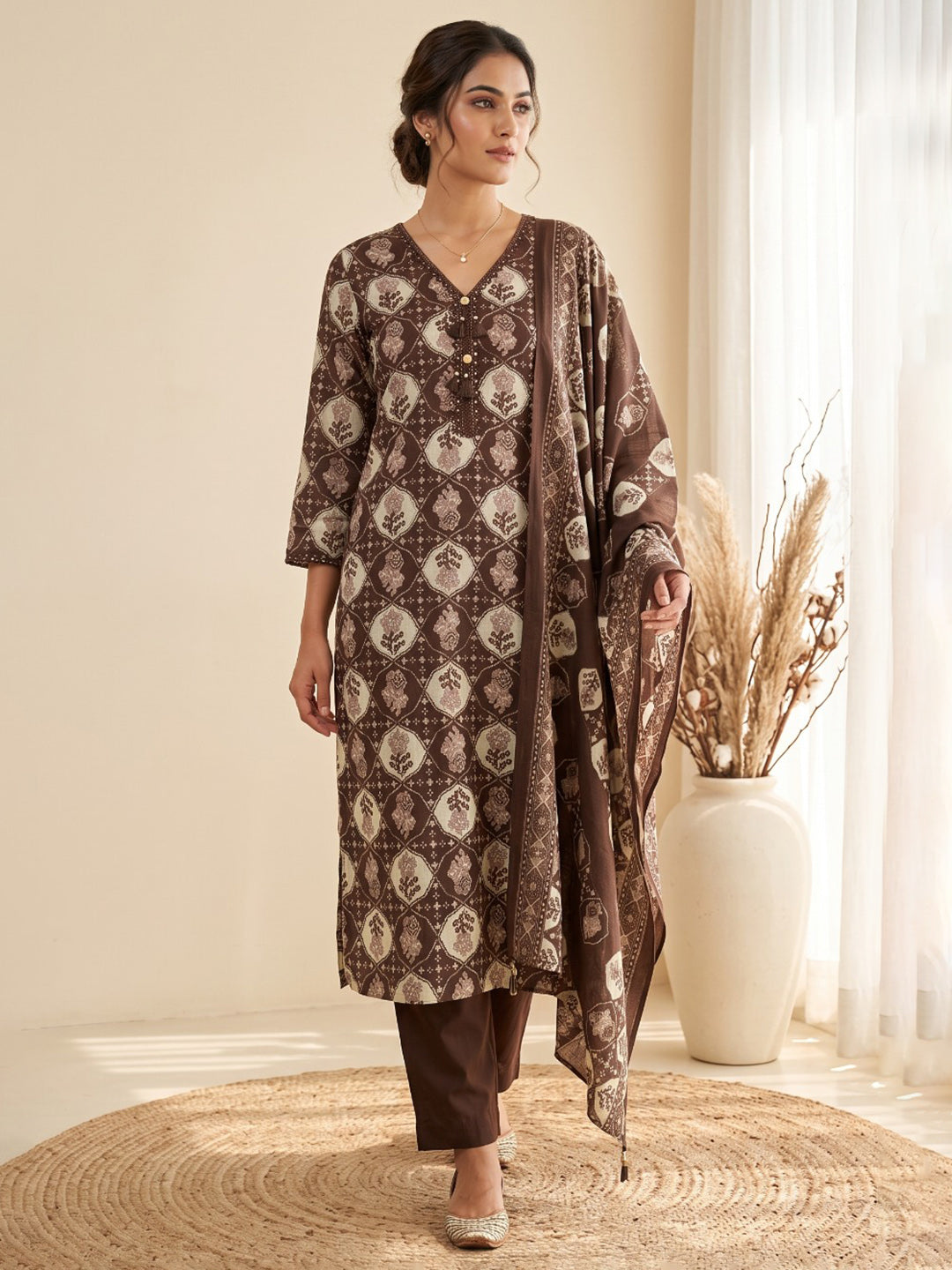Brown Printed Kurta With Pant &amp; Dupatta