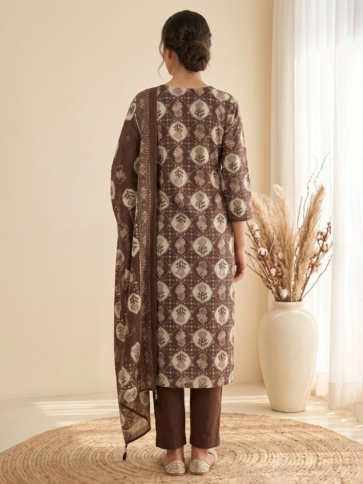 Brown Printed Kurta With Pant &amp; Dupatta