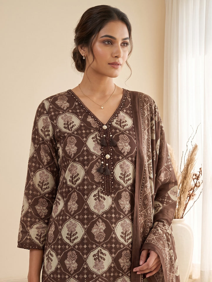 Brown Printed Kurta With Pant &amp; Dupatta