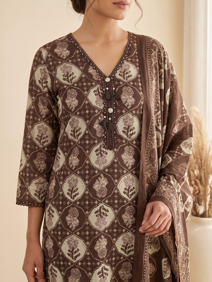 Brown Printed Kurta With Pant &amp; Dupatta