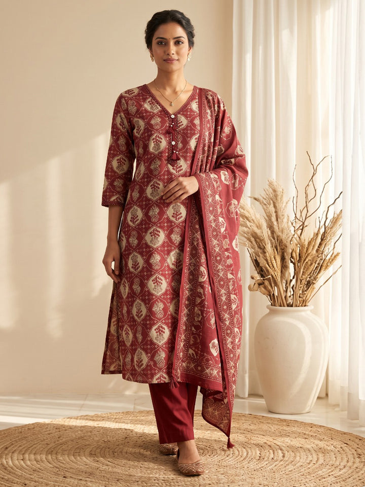 Maroon Printed Kurta With Pant &amp; Dupatta