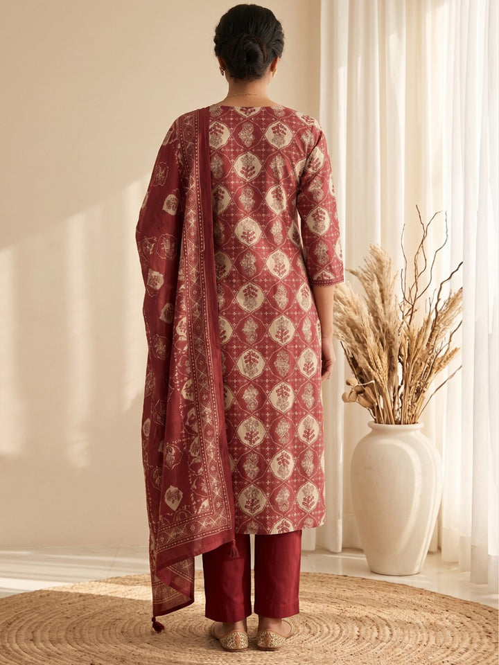 Maroon Printed Kurta With Pant &amp; Dupatta