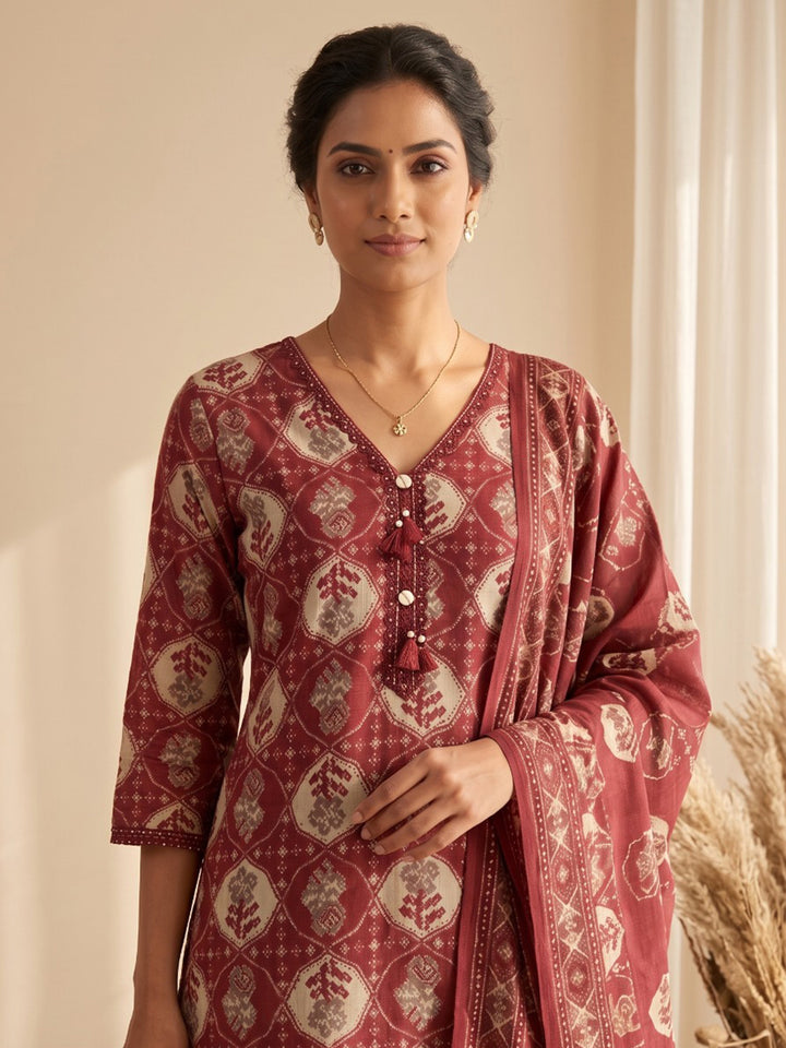 Maroon Printed Kurta With Pant &amp; Dupatta