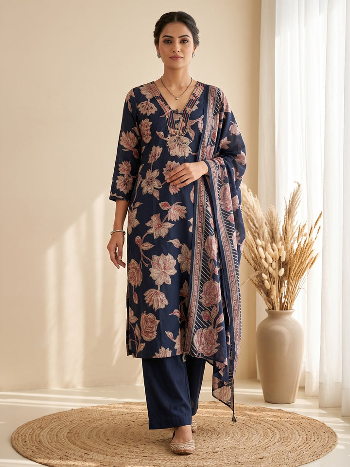 Blue Printed Kurta With Pant &amp; Dupatta