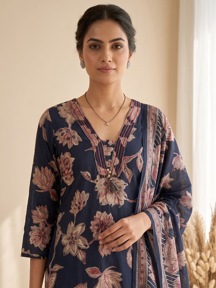 Blue Printed Kurta With Pant &amp; Dupatta