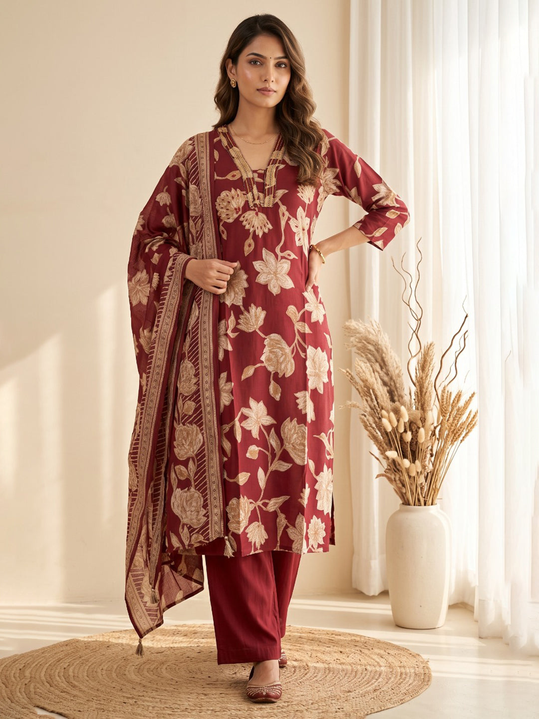 Maroon Printed Kurta With Pant &amp; Dupatta