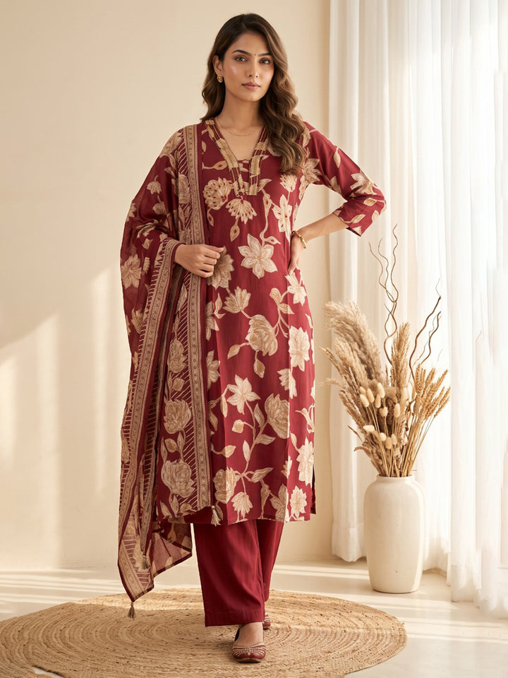 Maroon Printed Kurta With Pant &amp; Dupatta