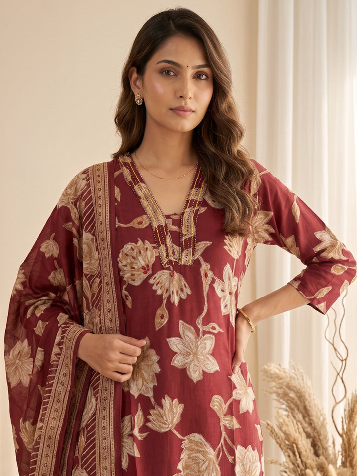 Maroon Printed Kurta With Pant &amp; Dupatta