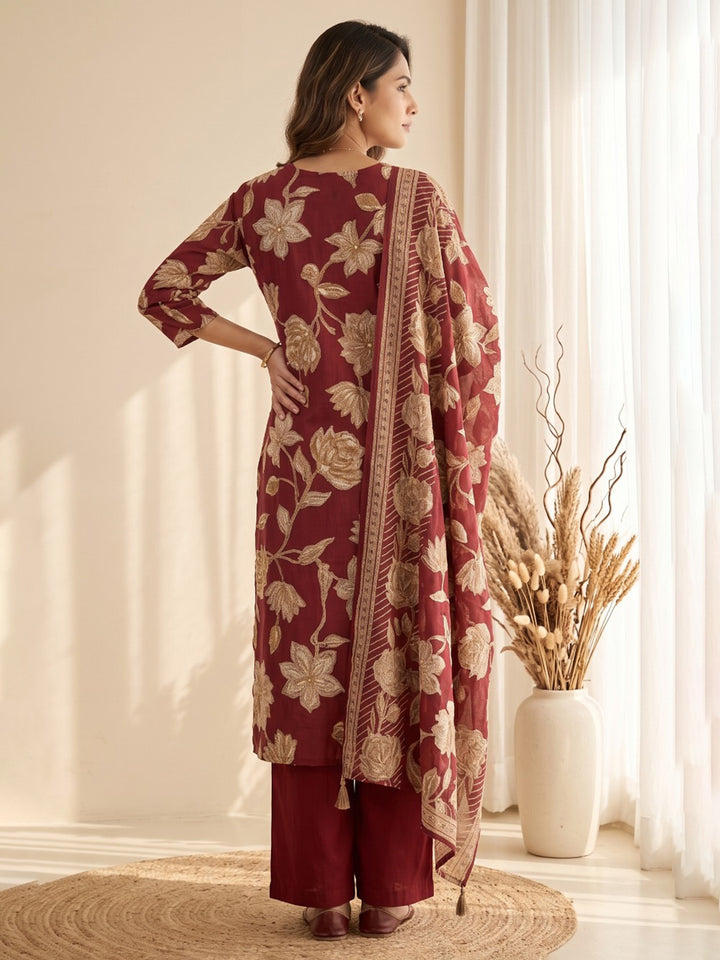Maroon Printed Kurta With Pant &amp; Dupatta