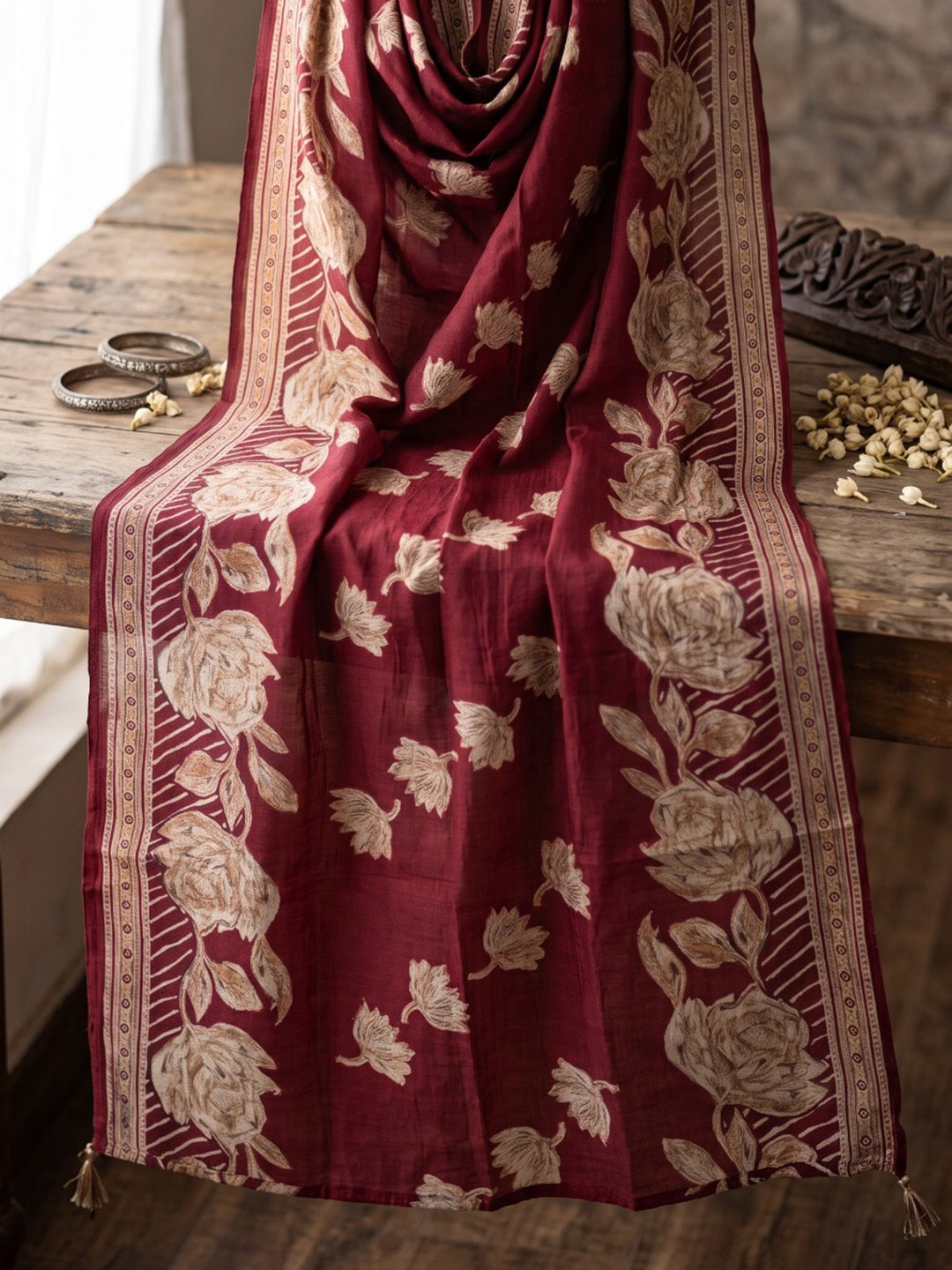 Maroon Printed Kurta With Pant &amp; Dupatta
