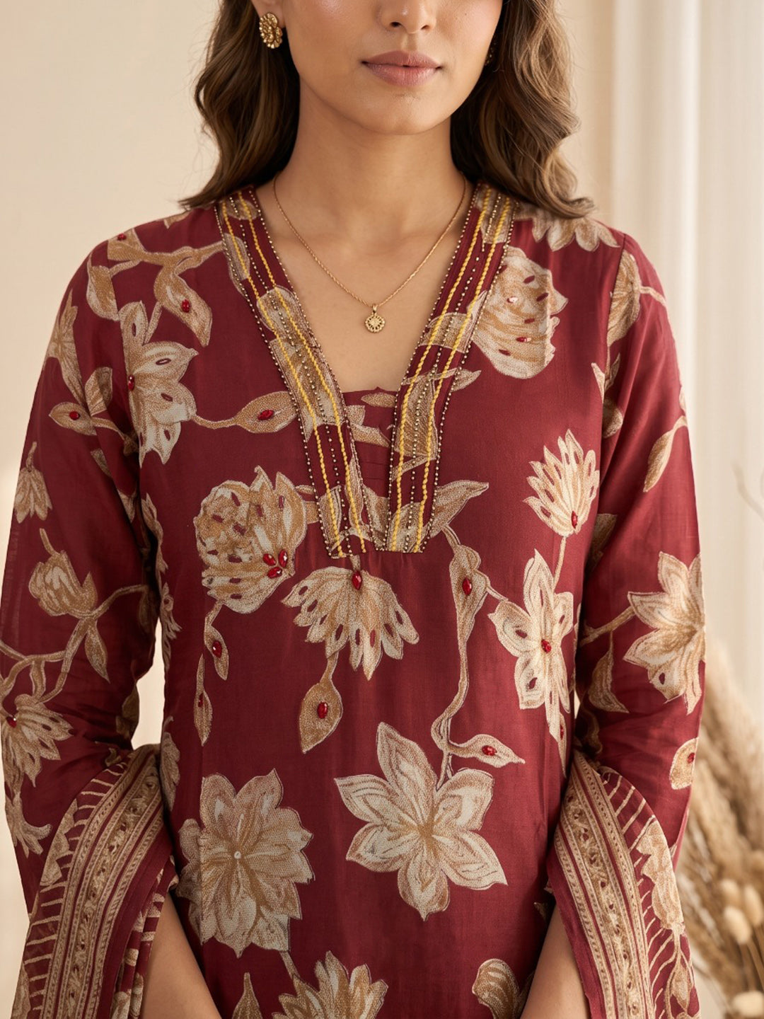 Maroon Printed Kurta With Pant &amp; Dupatta