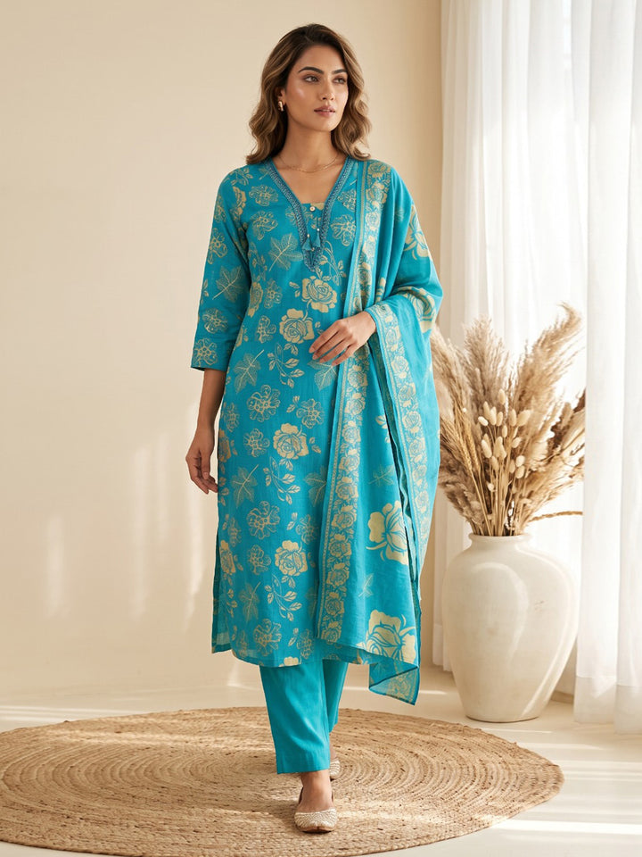 Blue Printed Kurta With Pant &amp; Dupatta