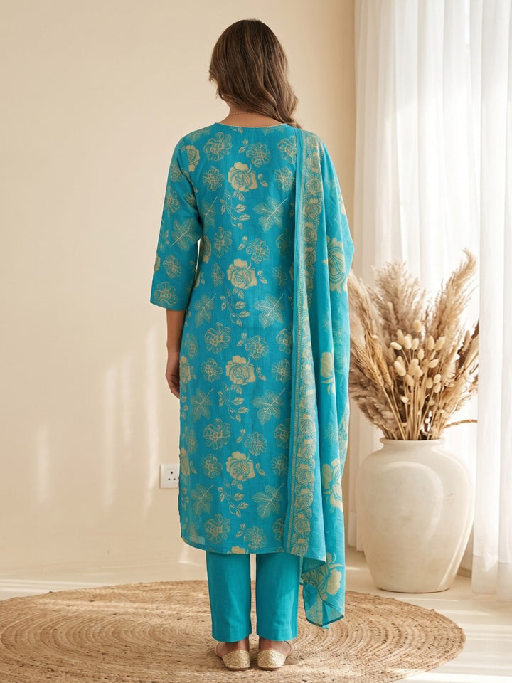 Blue Printed Kurta With Pant &amp; Dupatta
