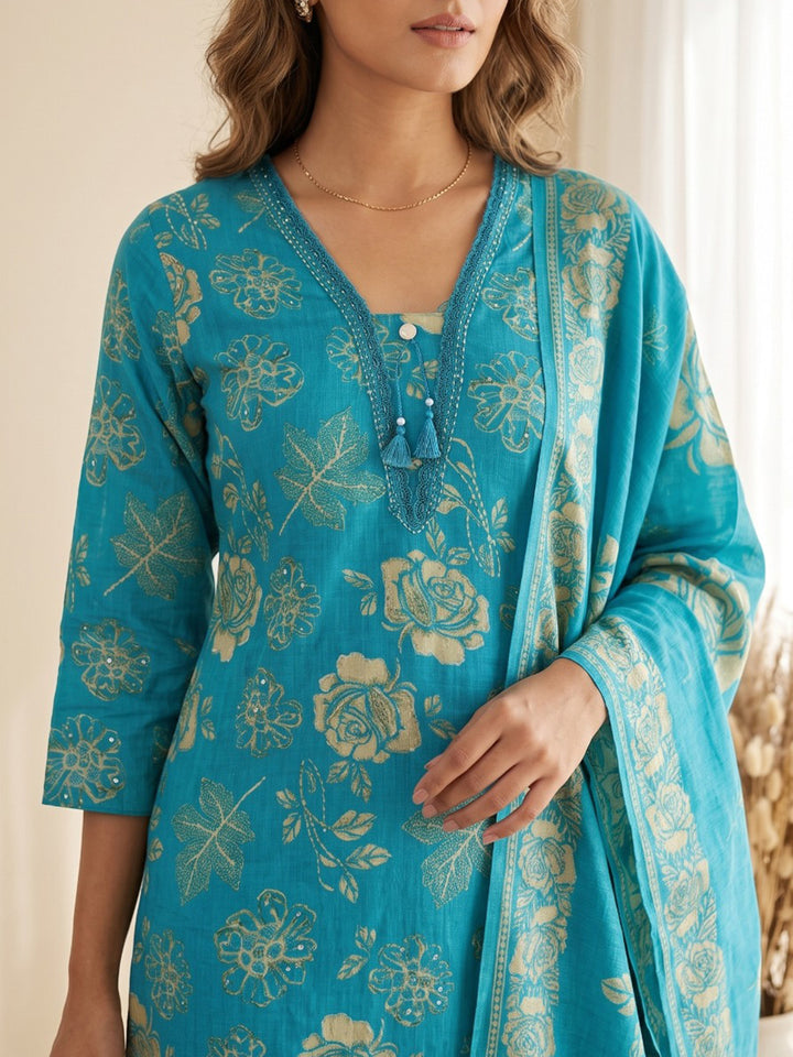 Blue Printed Kurta With Pant &amp; Dupatta