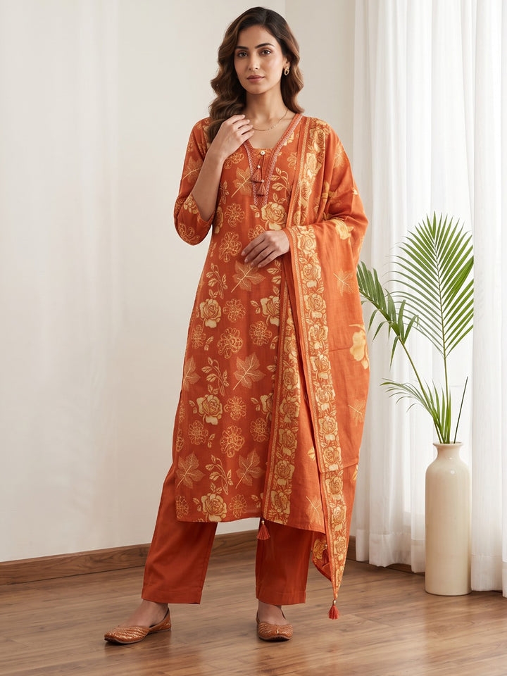 Orange Printed Kurta With Pant &amp; Dupatta