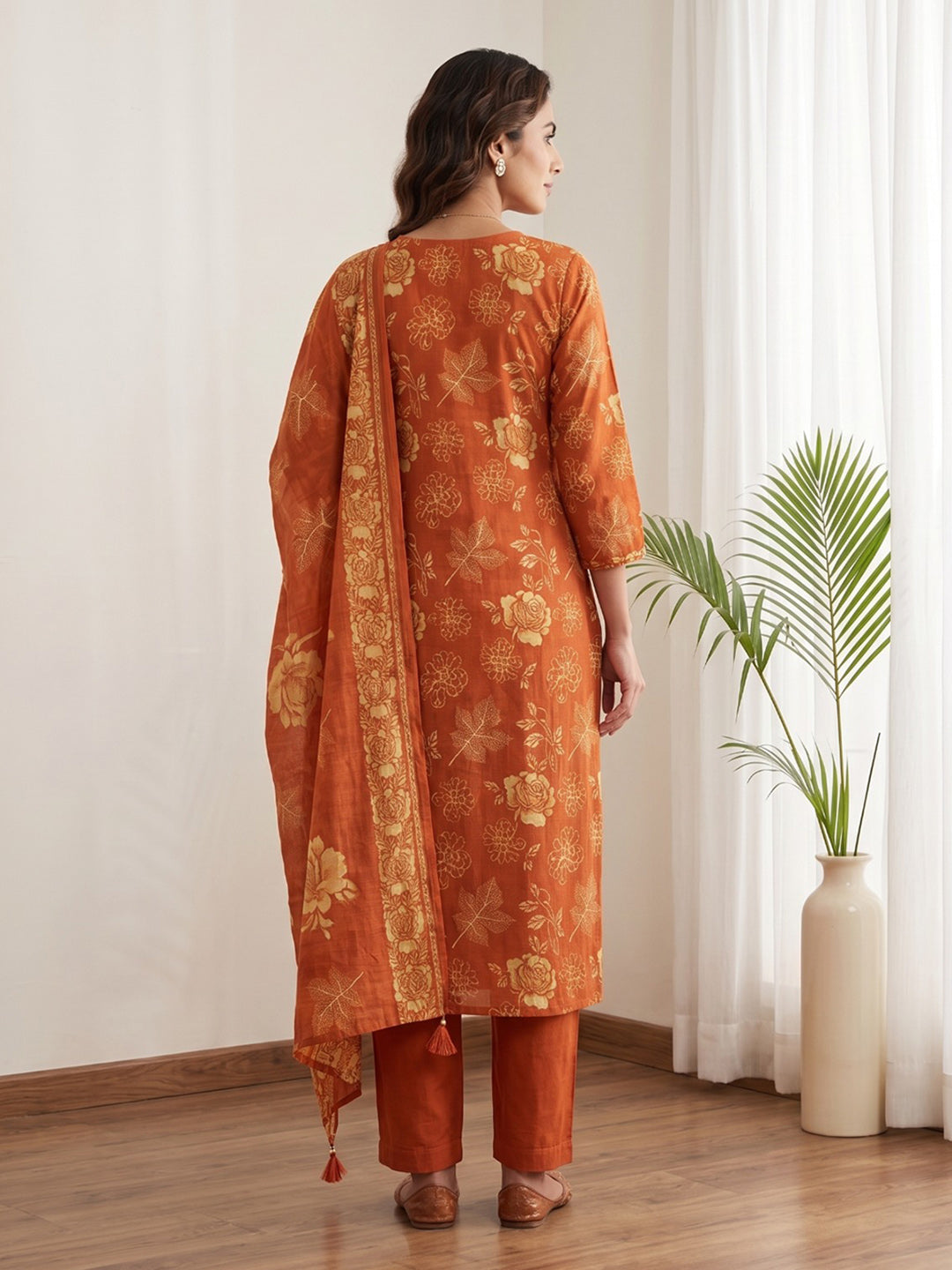 Orange Printed Kurta With Pant &amp; Dupatta