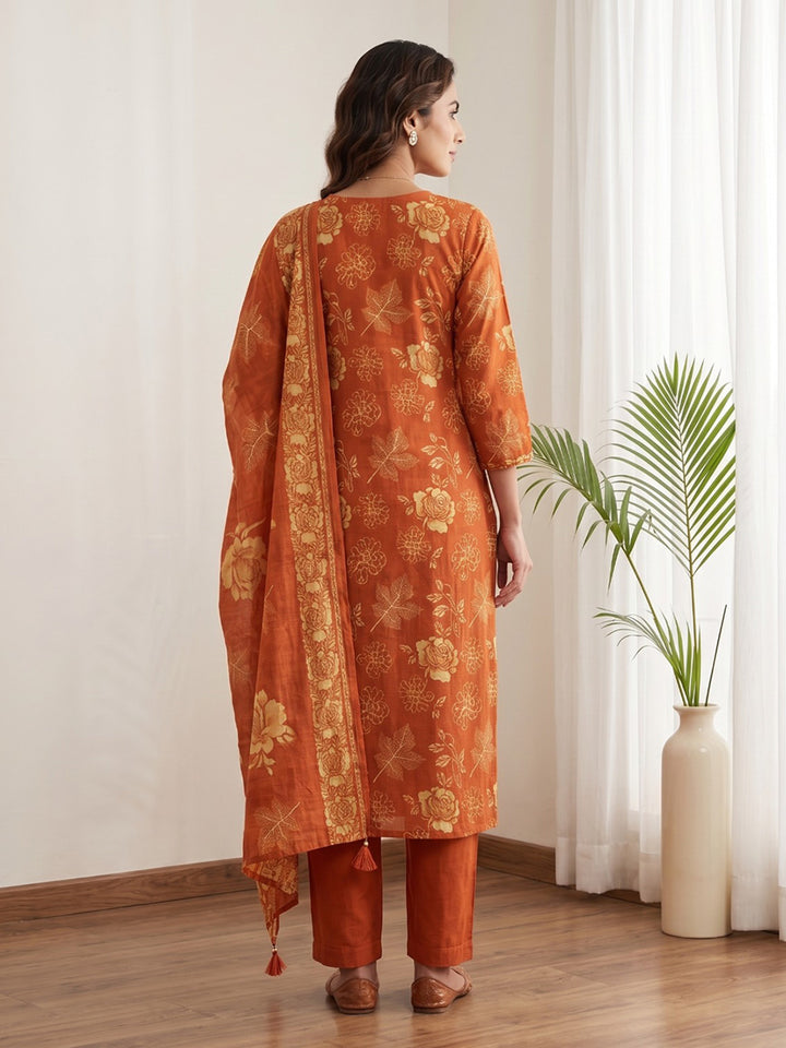 Orange Printed Kurta With Pant &amp; Dupatta