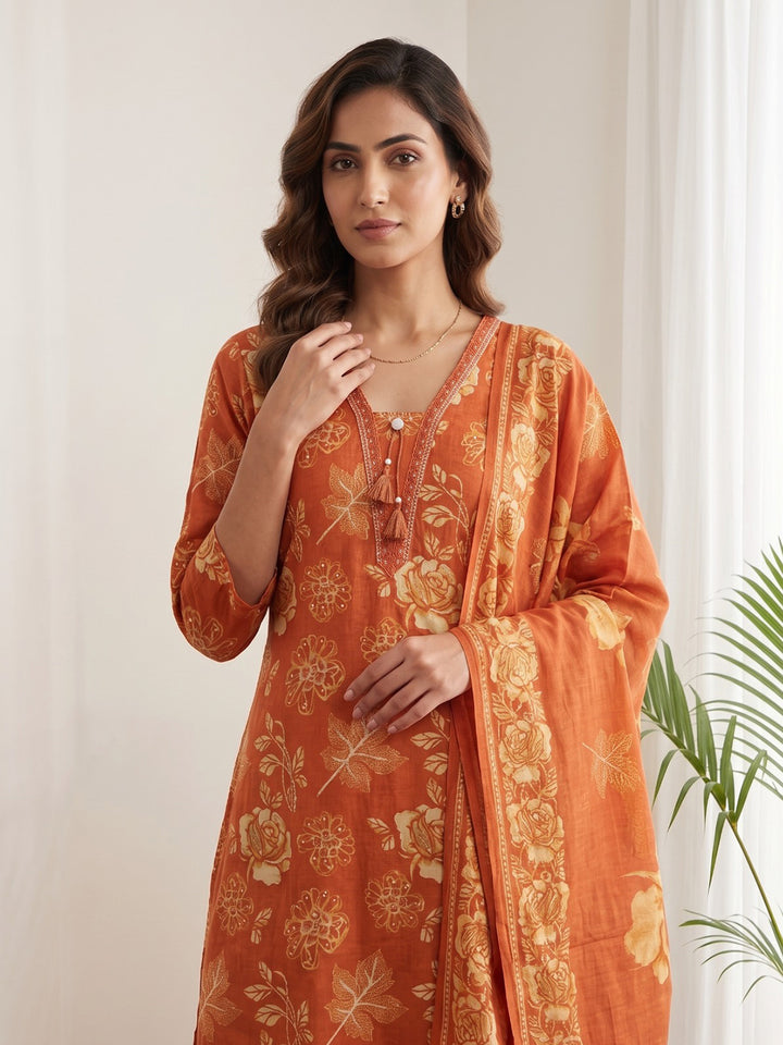Orange Printed Kurta With Pant &amp; Dupatta