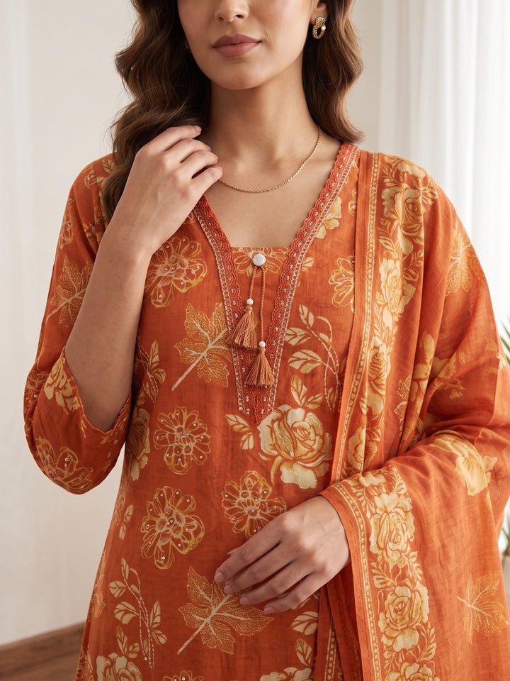 Orange Printed Kurta With Pant &amp; Dupatta