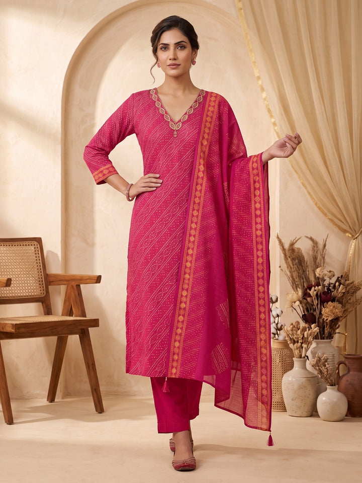 Pink Printed Kurta With Pant &amp; Dupatta