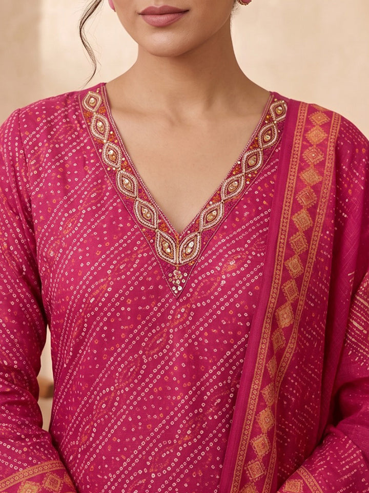 Pink Printed Kurta With Pant &amp; Dupatta
