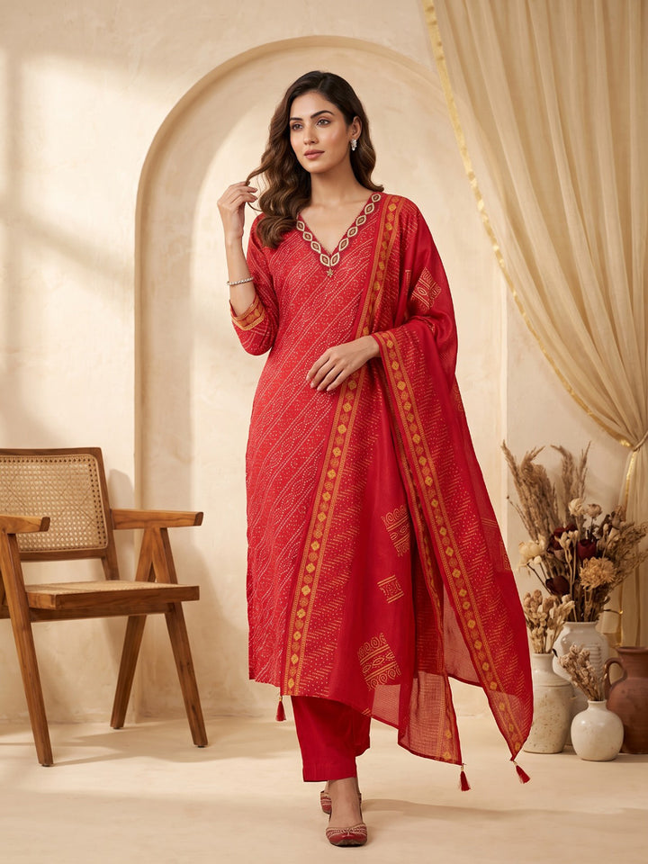 Red Printed Kurta With Pant &amp; Dupatta