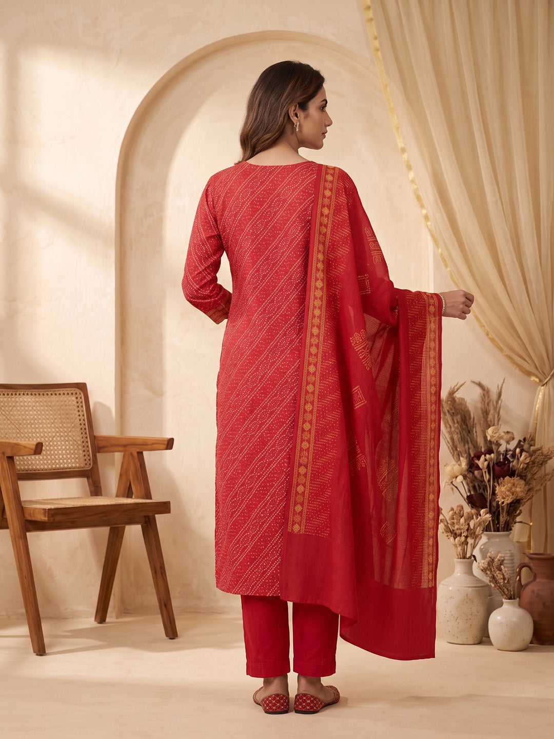 Red Printed Kurta With Pant &amp; Dupatta