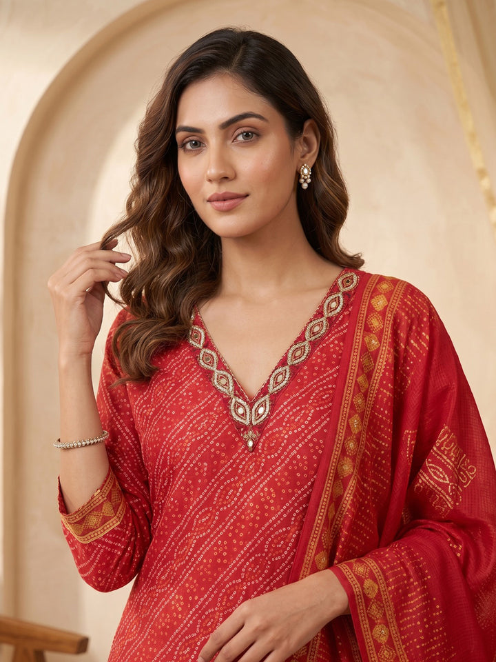Red Printed Kurta With Pant &amp; Dupatta