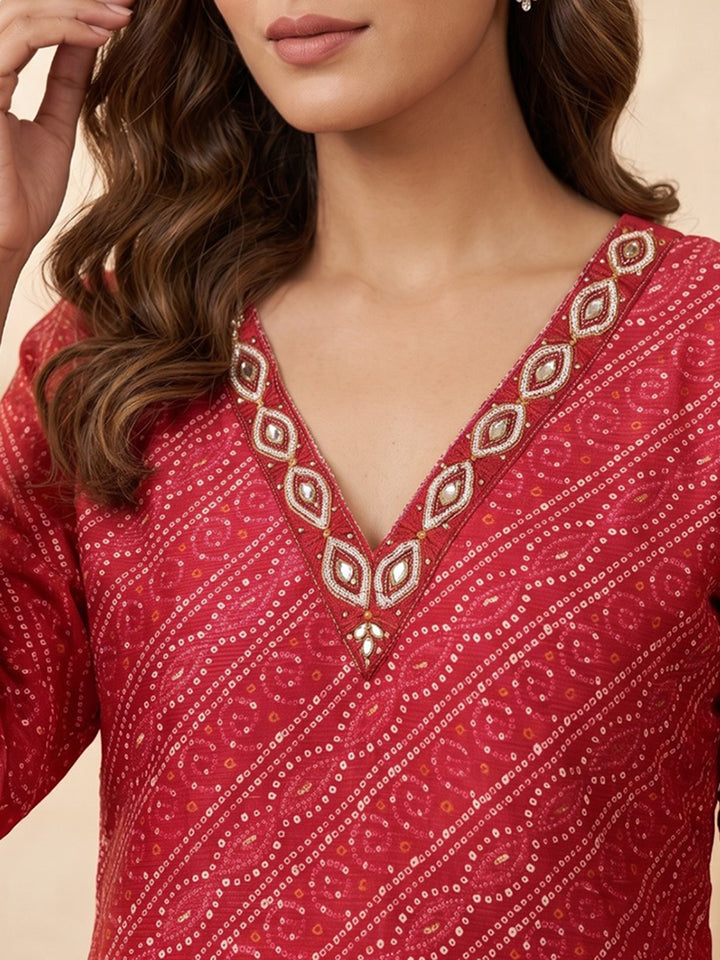 Red Printed Kurta With Pant &amp; Dupatta