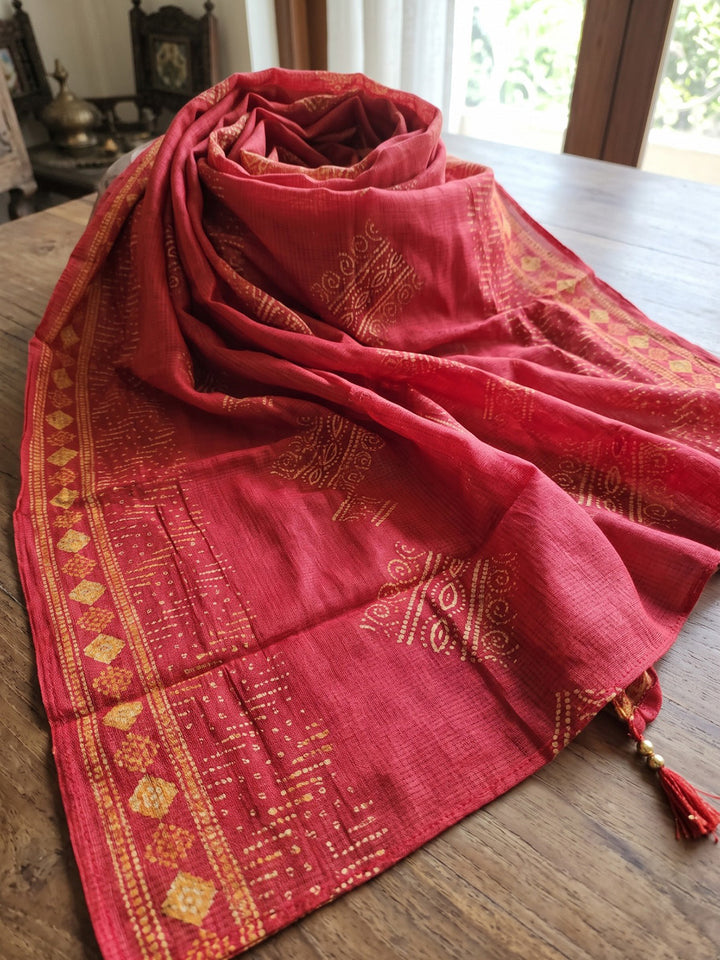 Red Printed Kurta With Pant &amp; Dupatta