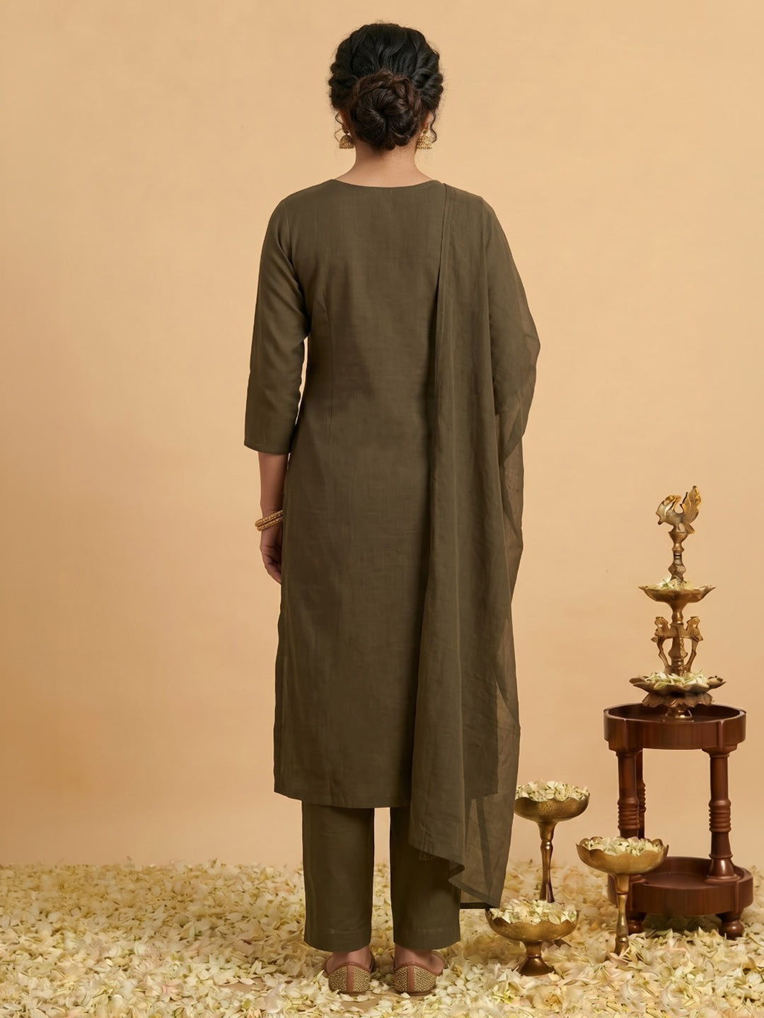 Brown Embroidered Chanderi Kurta With Pant &amp; Dupatta