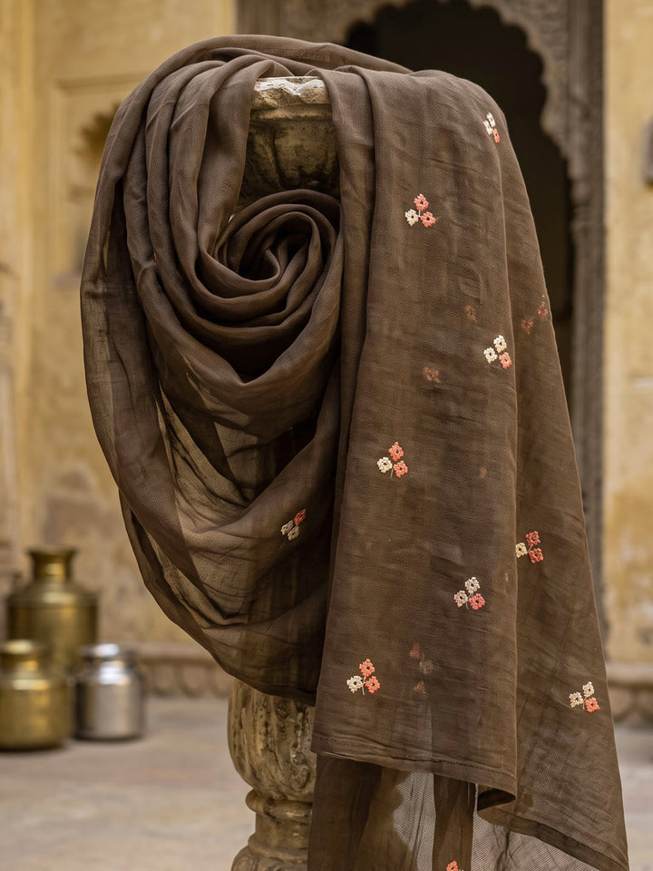 Brown Embroidered Chanderi Kurta With Pant &amp; Dupatta