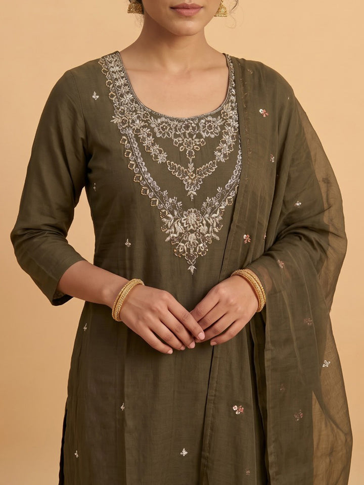 Brown Embroidered Chanderi Kurta With Pant &amp; Dupatta