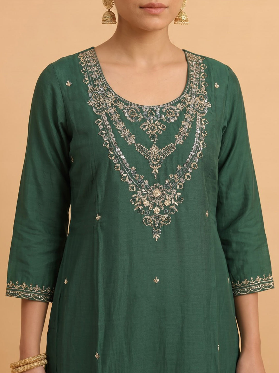 Green Embroidered Chanderi Kurta With Pant &amp; Dupatta