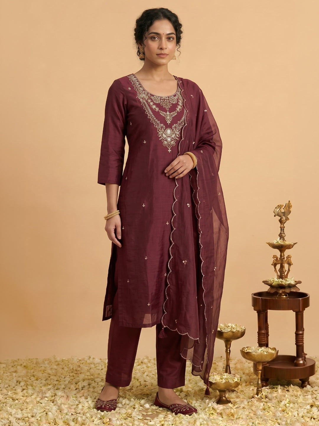 Maroon Embroidered Chanderi Kurta With Pant &amp; Dupatta