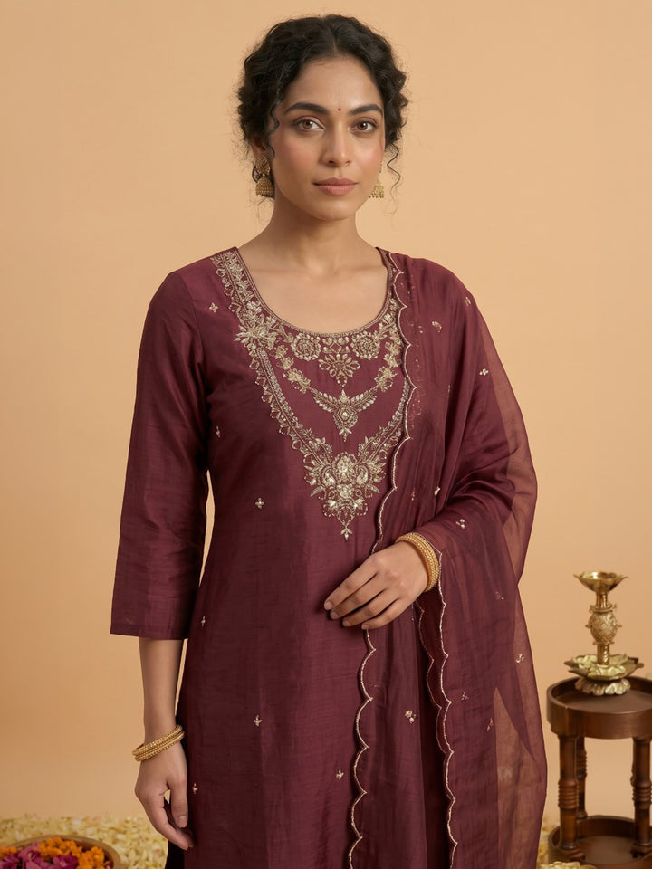 Maroon Embroidered Chanderi Kurta With Pant &amp; Dupatta