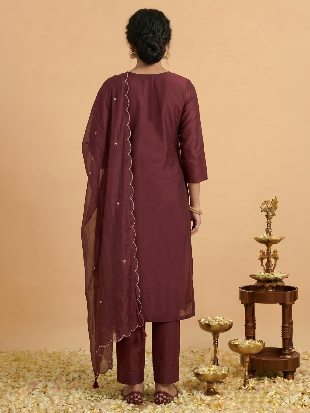 Maroon Embroidered Chanderi Kurta With Pant &amp; Dupatta