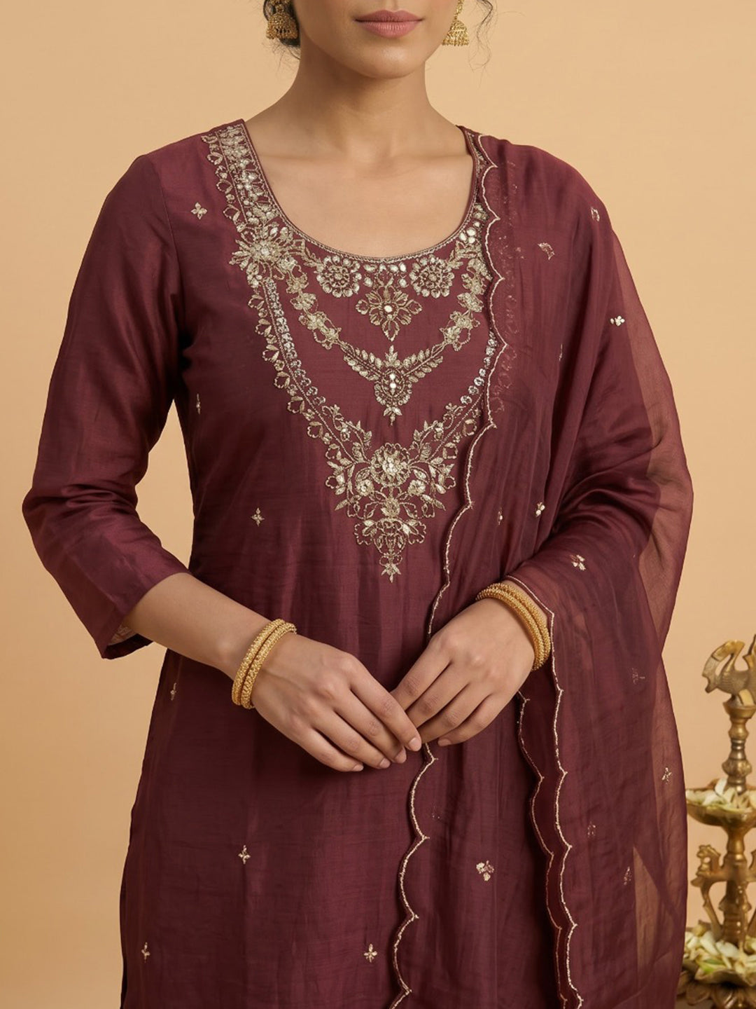 Maroon Embroidered Chanderi Kurta With Pant &amp; Dupatta