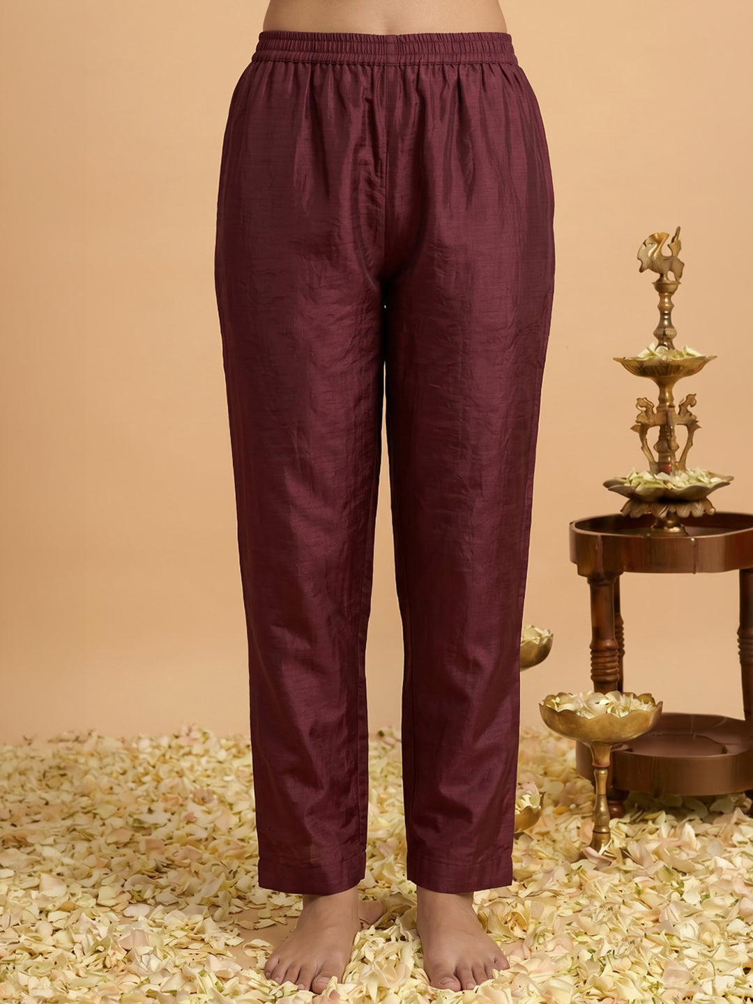 Maroon Embroidered Chanderi Kurta With Pant &amp; Dupatta