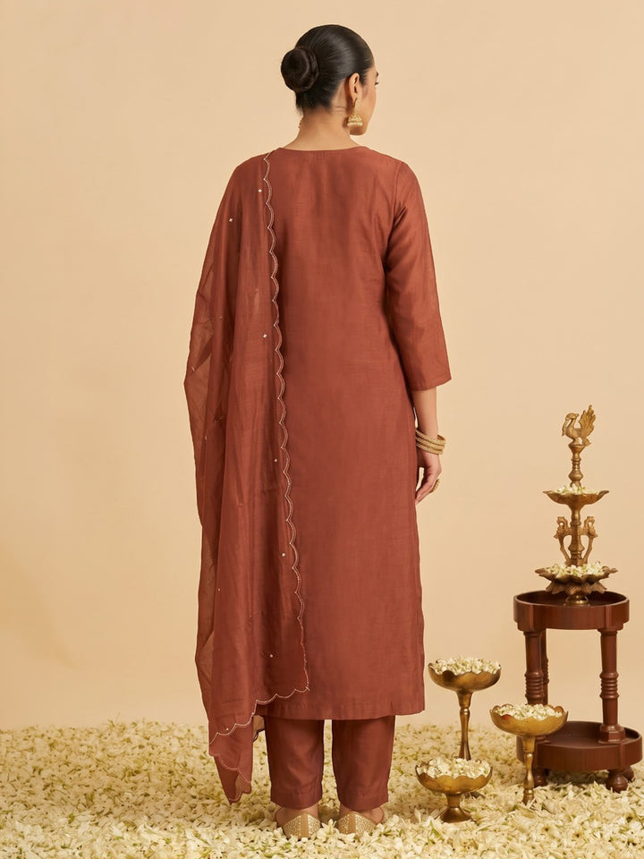 Rust Embroidered Chanderi Kurta With Pant &amp; Dupatta