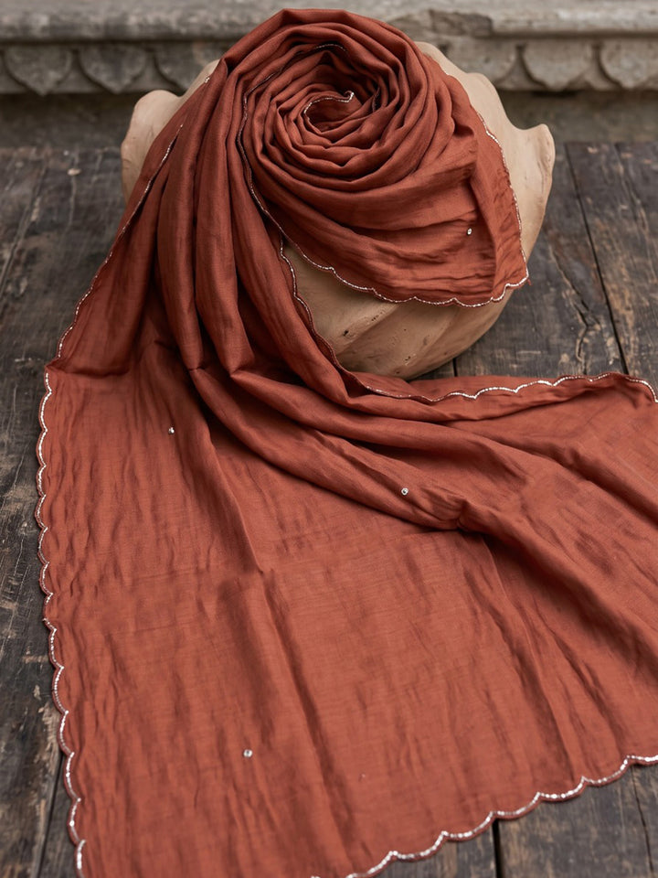 Rust Embroidered Chanderi Kurta With Pant &amp; Dupatta