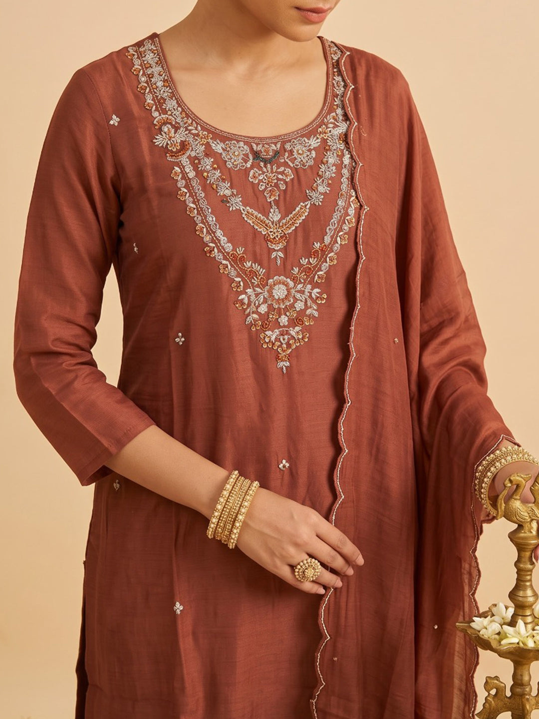 Rust Embroidered Chanderi Kurta With Pant &amp; Dupatta
