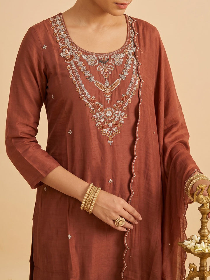Rust Embroidered Chanderi Kurta With Pant &amp; Dupatta