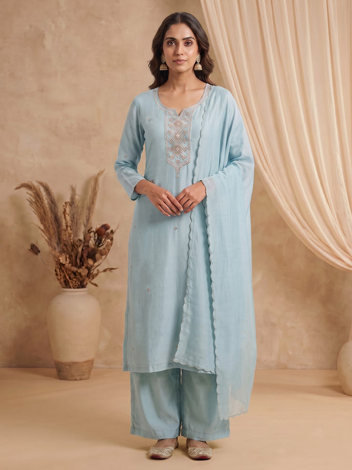 Sky Blue Embroidered Chanderi Kurta With Pant &amp; Dupatta