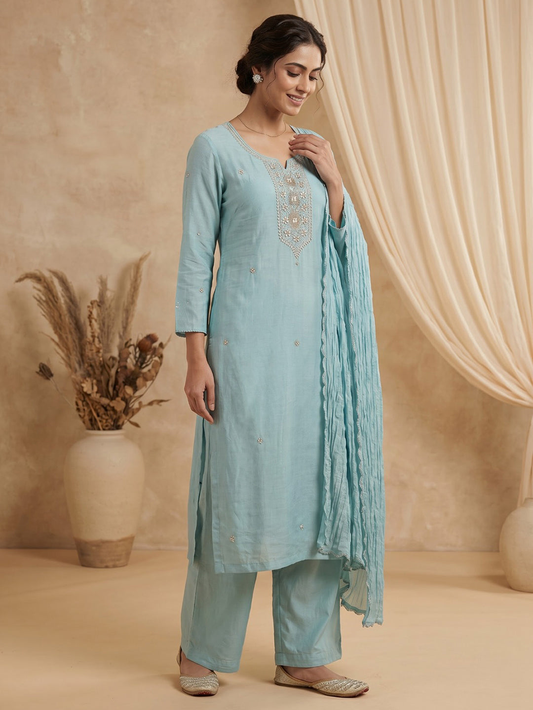 Sky Blue Embroidered Chanderi Kurta With Pant &amp; Dupatta