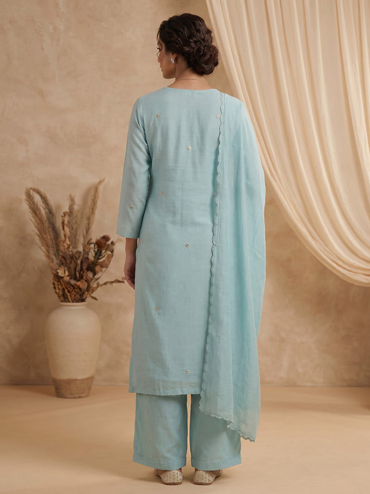 Sky Blue Embroidered Chanderi Kurta With Pant &amp; Dupatta