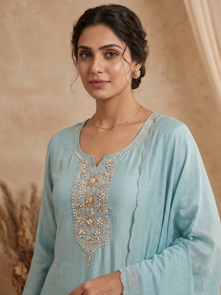 Sky Blue Embroidered Chanderi Kurta With Pant &amp; Dupatta