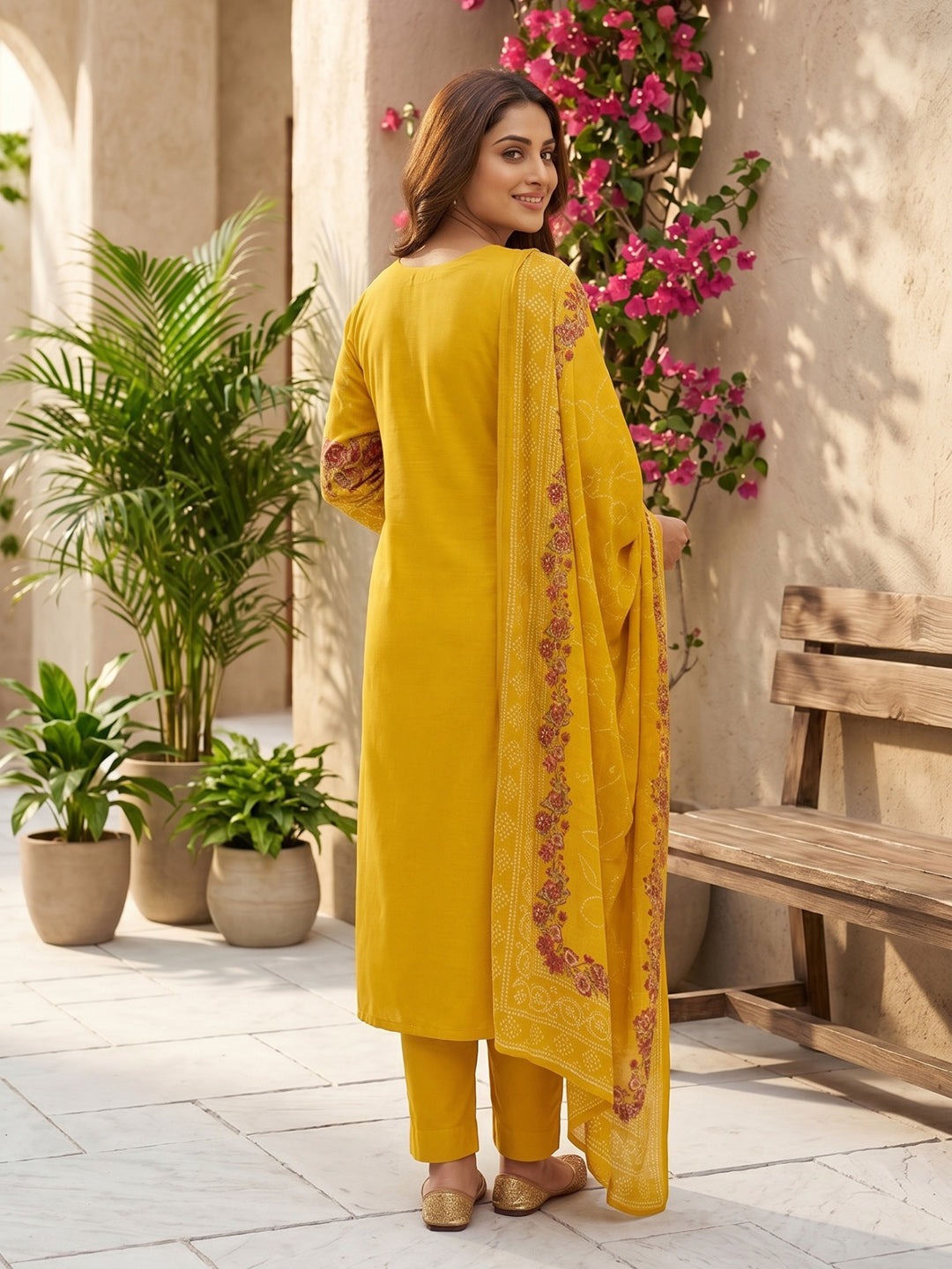 Yellow Printed Cotton Blend Straight Round Neck Suit Set